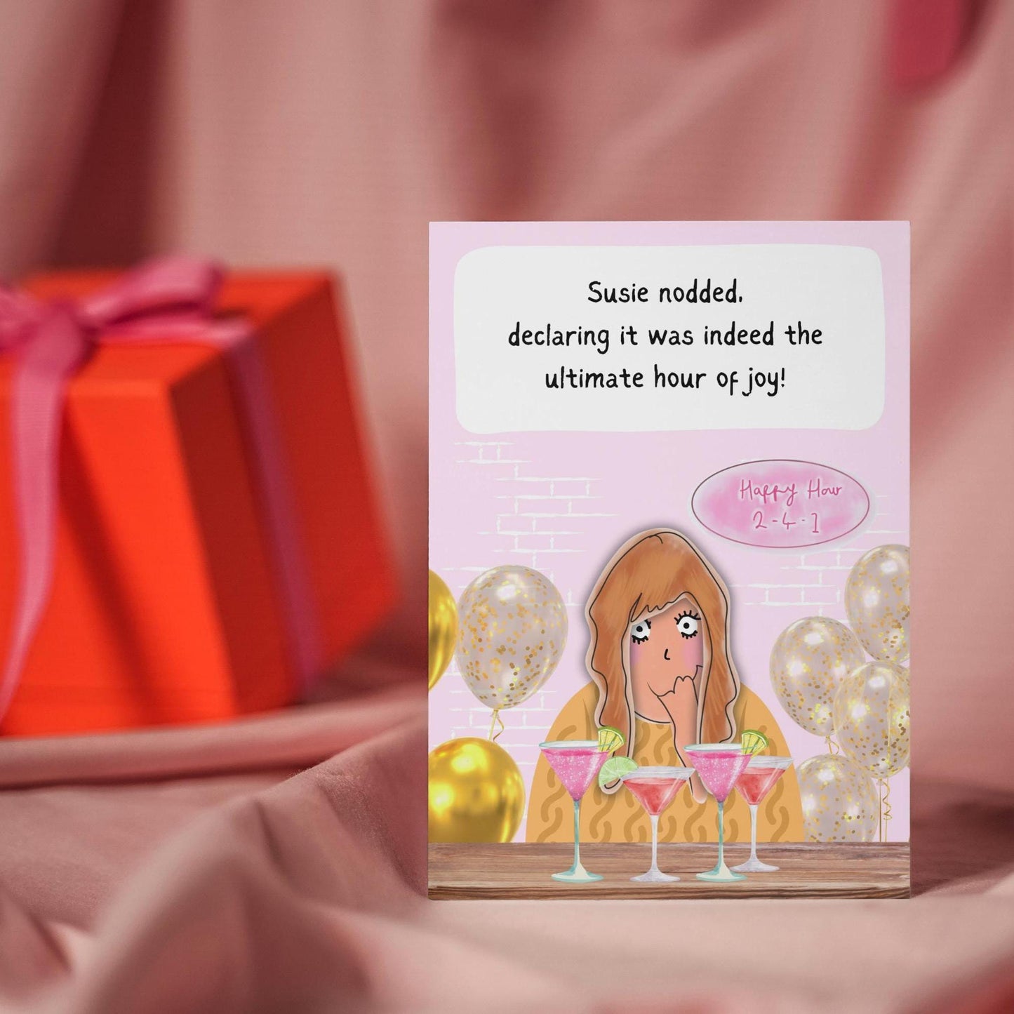 Funny Birthday Card - Comic Happy Hour Design - Cocktail Themed Card for Her - Humorous Birthday Card for Friends & family Celebration Card