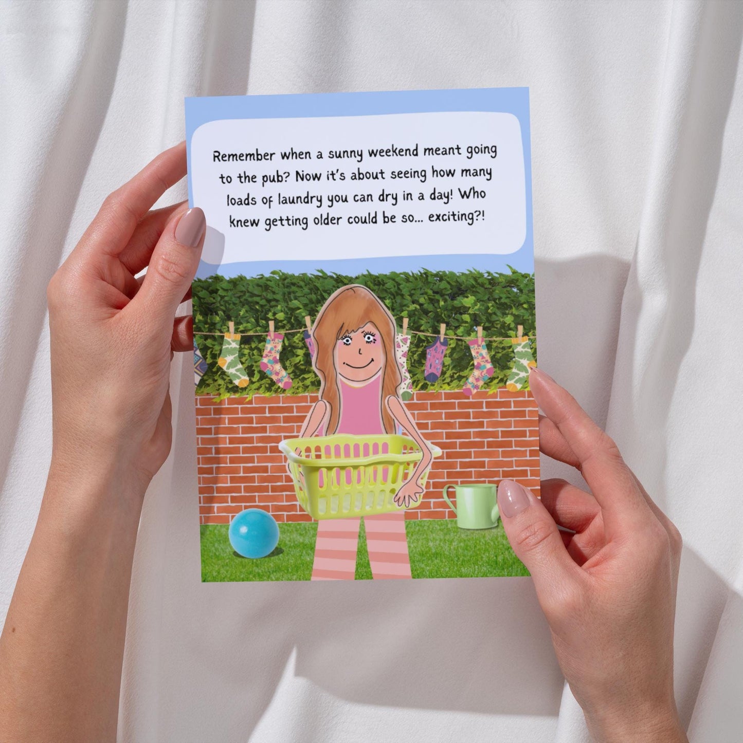 Hilarious Birthday Card - Comic Beer Garden & Laundry Illustration - Funny Banter Card for Him, Her, Friends - Humorous Birthday Greeting