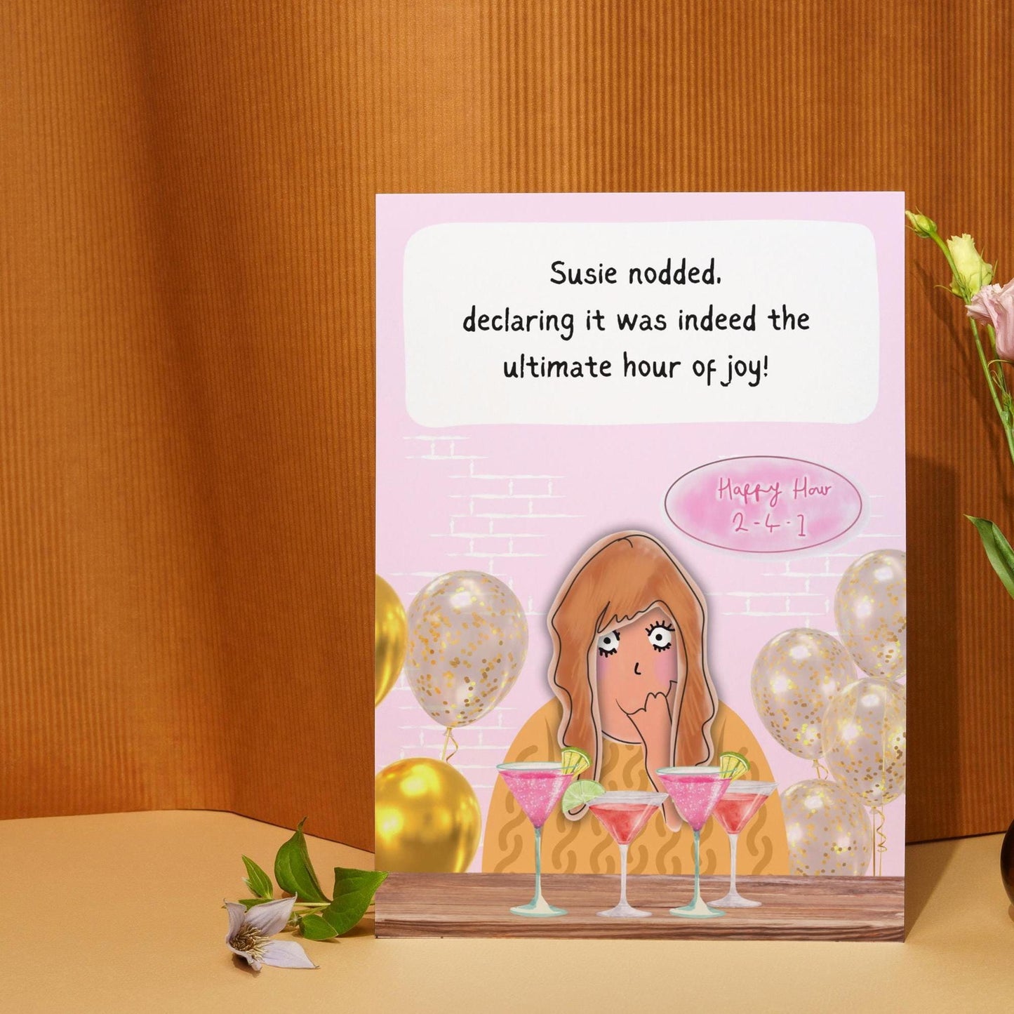 Funny Birthday Card - Comic Happy Hour Design - Cocktail Themed Card for Her - Humorous Birthday Card for Friends & family Celebration Card