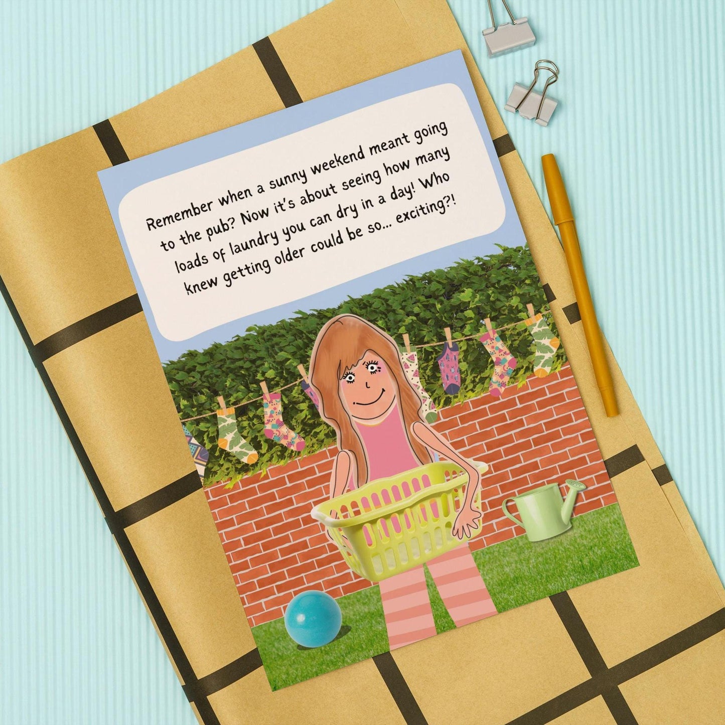 Hilarious Birthday Card - Comic Beer Garden & Laundry Illustration - Funny Banter Card for Him, Her, Friends - Humorous Birthday Greeting