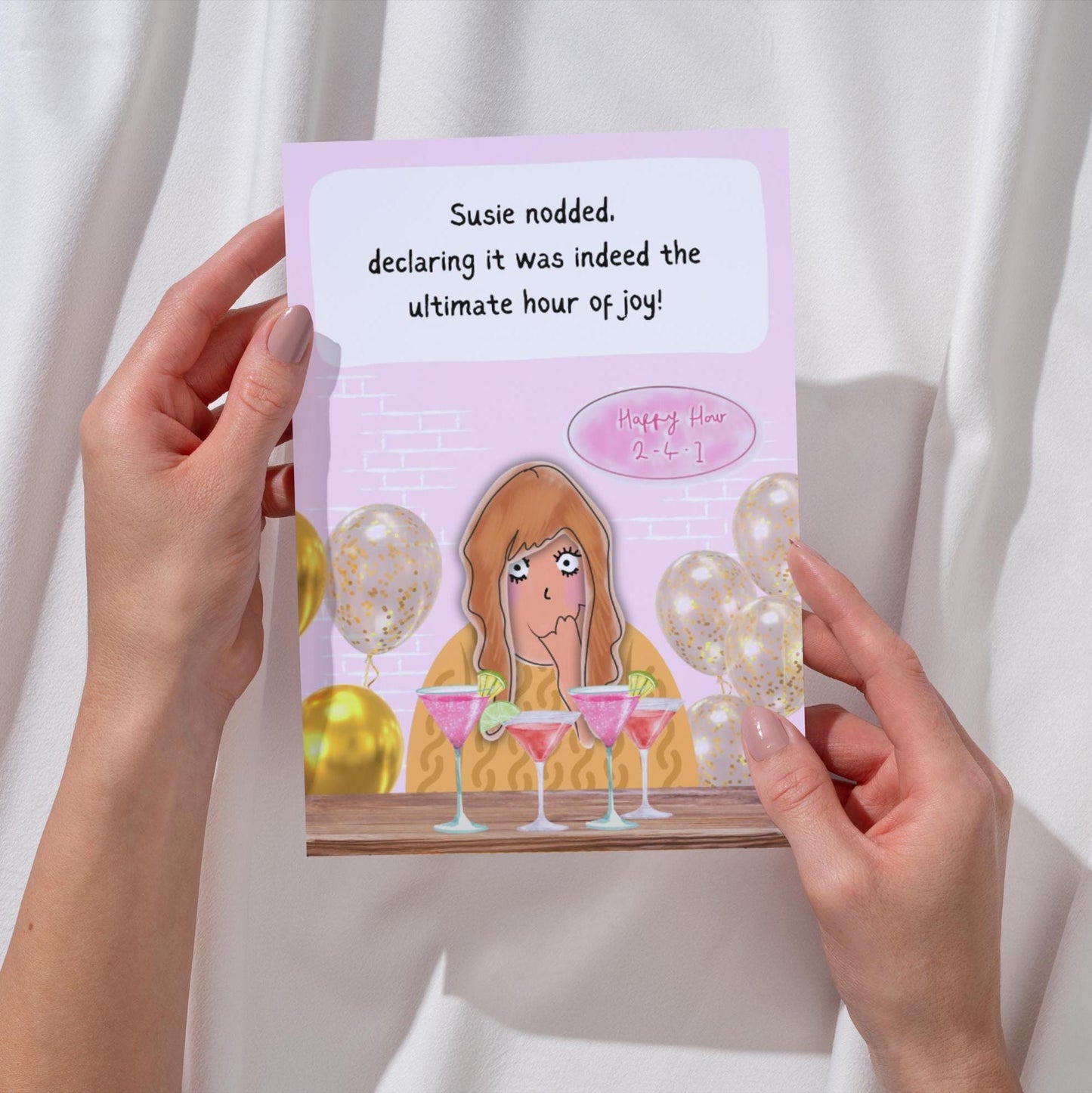 Funny Birthday Card - Comic Happy Hour Design - Cocktail Themed Card for Her - Humorous Birthday Card for Friends & family Celebration Card