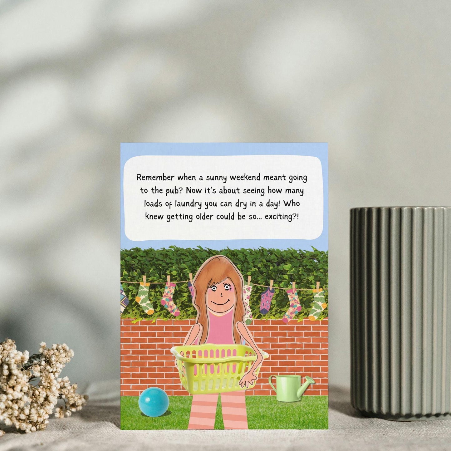 Hilarious Birthday Card - Comic Beer Garden & Laundry Illustration - Funny Banter Card for Him, Her, Friends - Humorous Birthday Greeting
