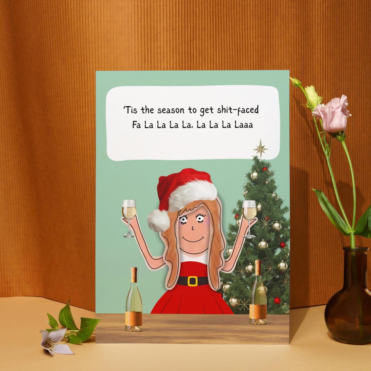Funny Christmas Card - Comic Illustrative drinks at Christmas time - 'Tis the season to get shit-faced - Humorous Friends Card