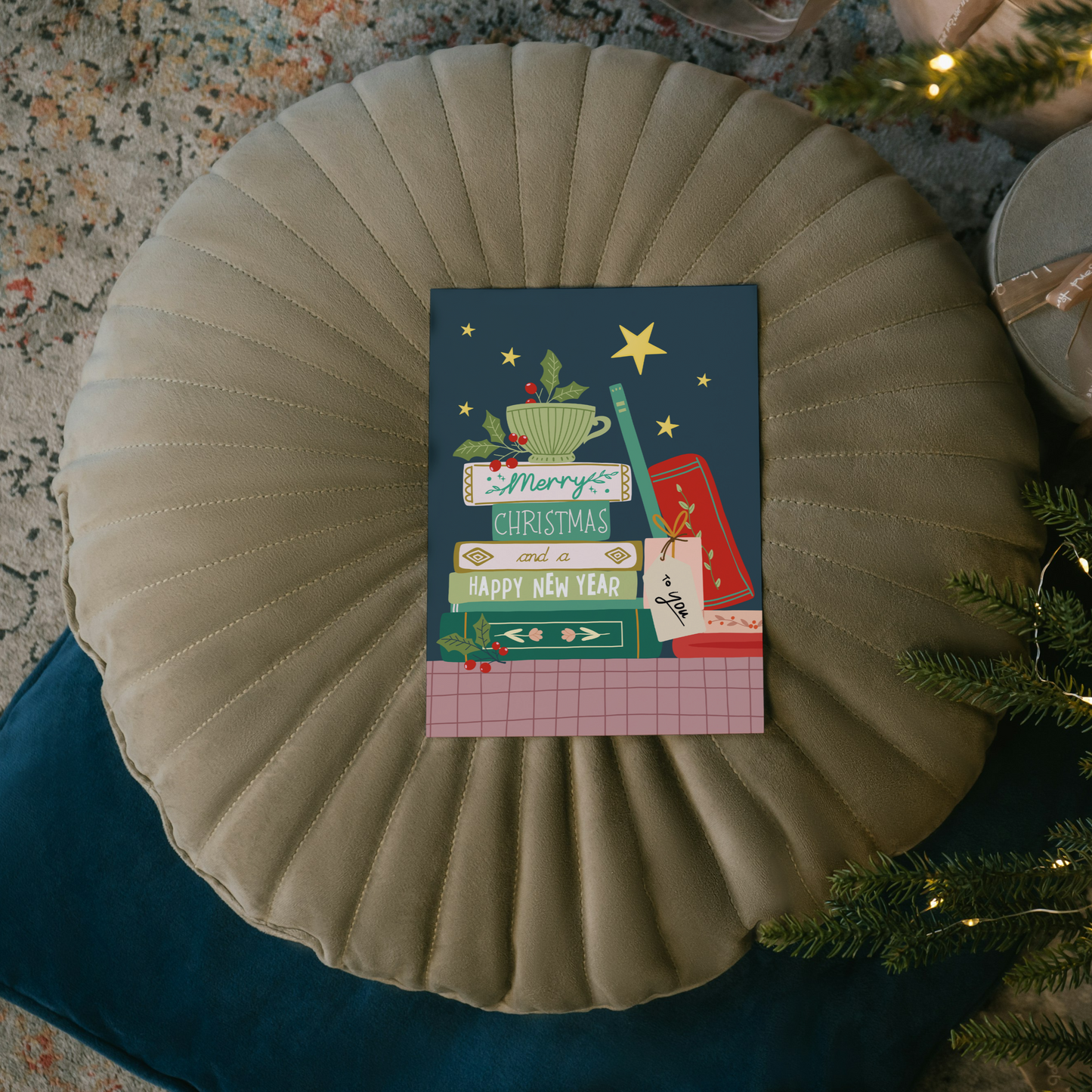 Happy Christmas To You Card | Nostalgic Cute Stacked Books Christmas Card for Her & Him | Christmas Greeting Card