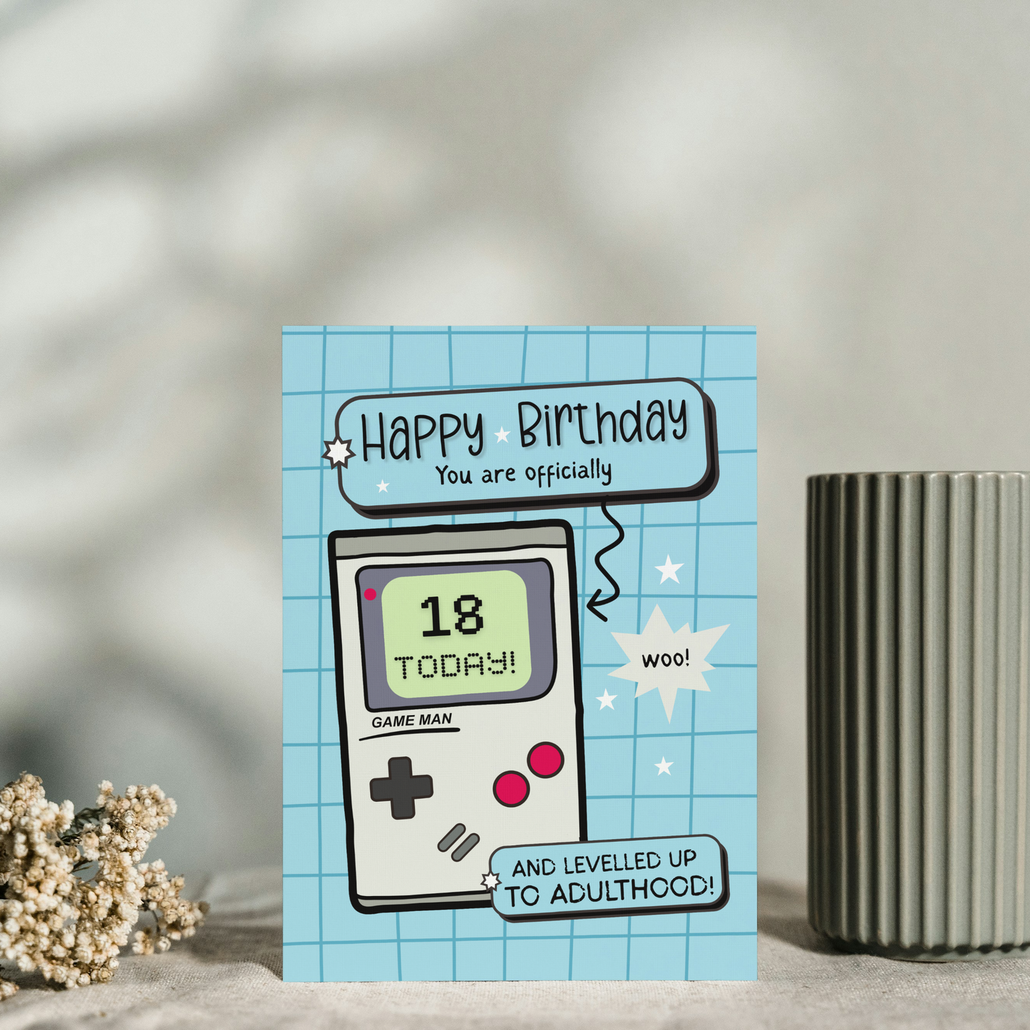 Happy 18th Birthday Card – Game boy Pun – Levelled Up to Adulthood – Milestone 18th Card for Him & Her – Gamer Birthday Greeting Card
