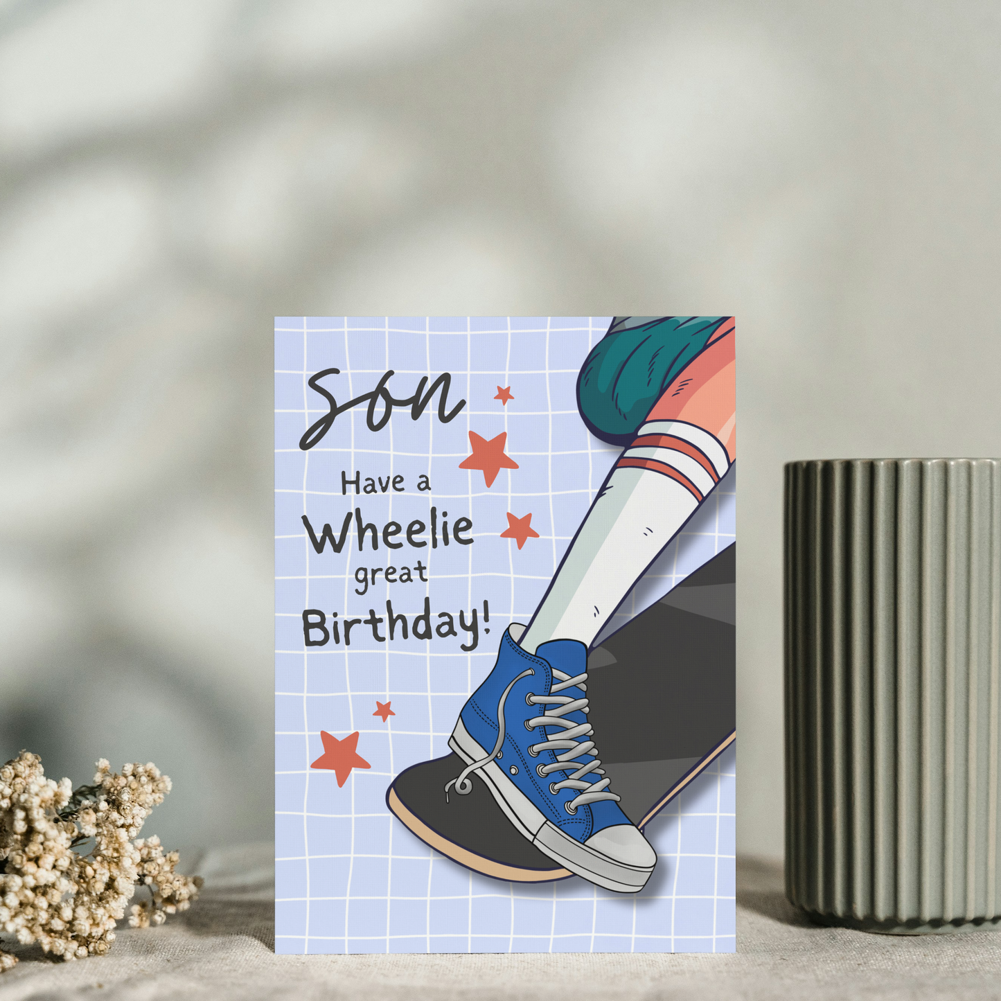 Skater Son Birthday Card – Have a Wheelie Great Birthday – Skateboarding Son Card – Fun Son Birthday Card with Pun