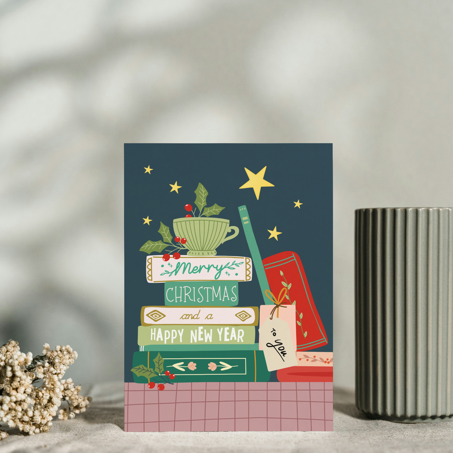 Happy Christmas To You Card | Nostalgic Cute Stacked Books Christmas Card for Her & Him | Christmas Greeting Card