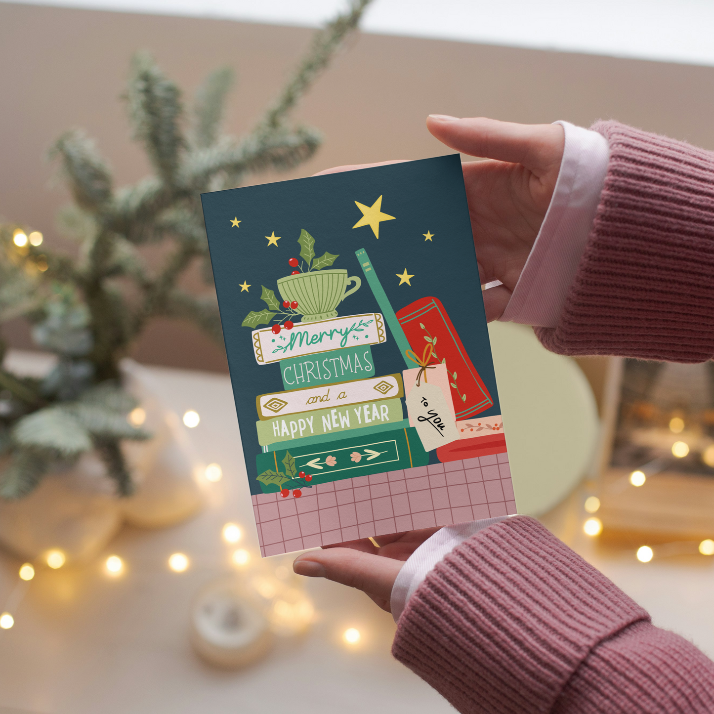Happy Christmas To You Card | Nostalgic Cute Stacked Books Christmas Card for Her & Him | Christmas Greeting Card
