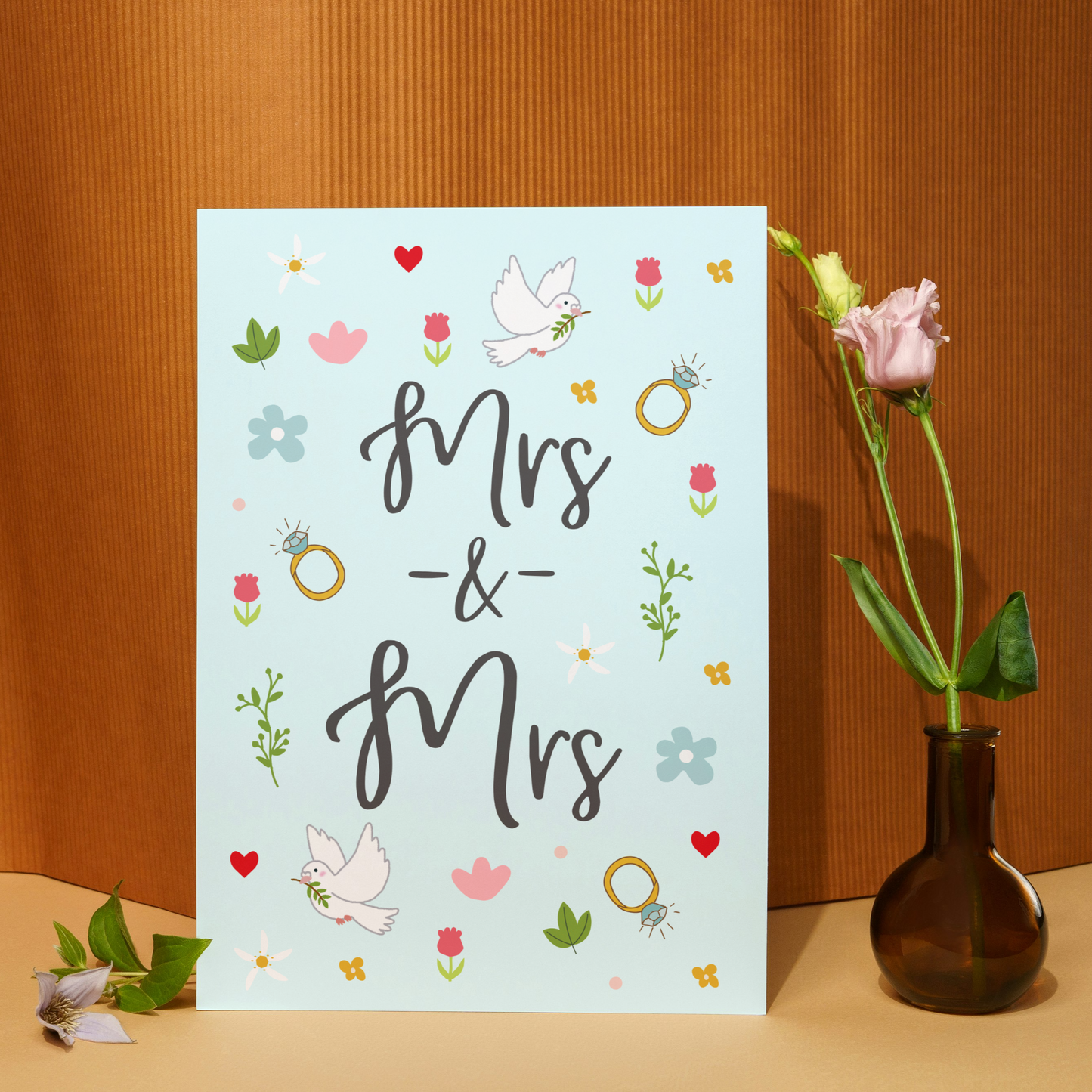 Mrs and Mrs Ditsy Floral Wedding Card - Pretty Flowers & Calligraphy - LGBTQ+ Wedding Card - Wedding Congratulations Card
