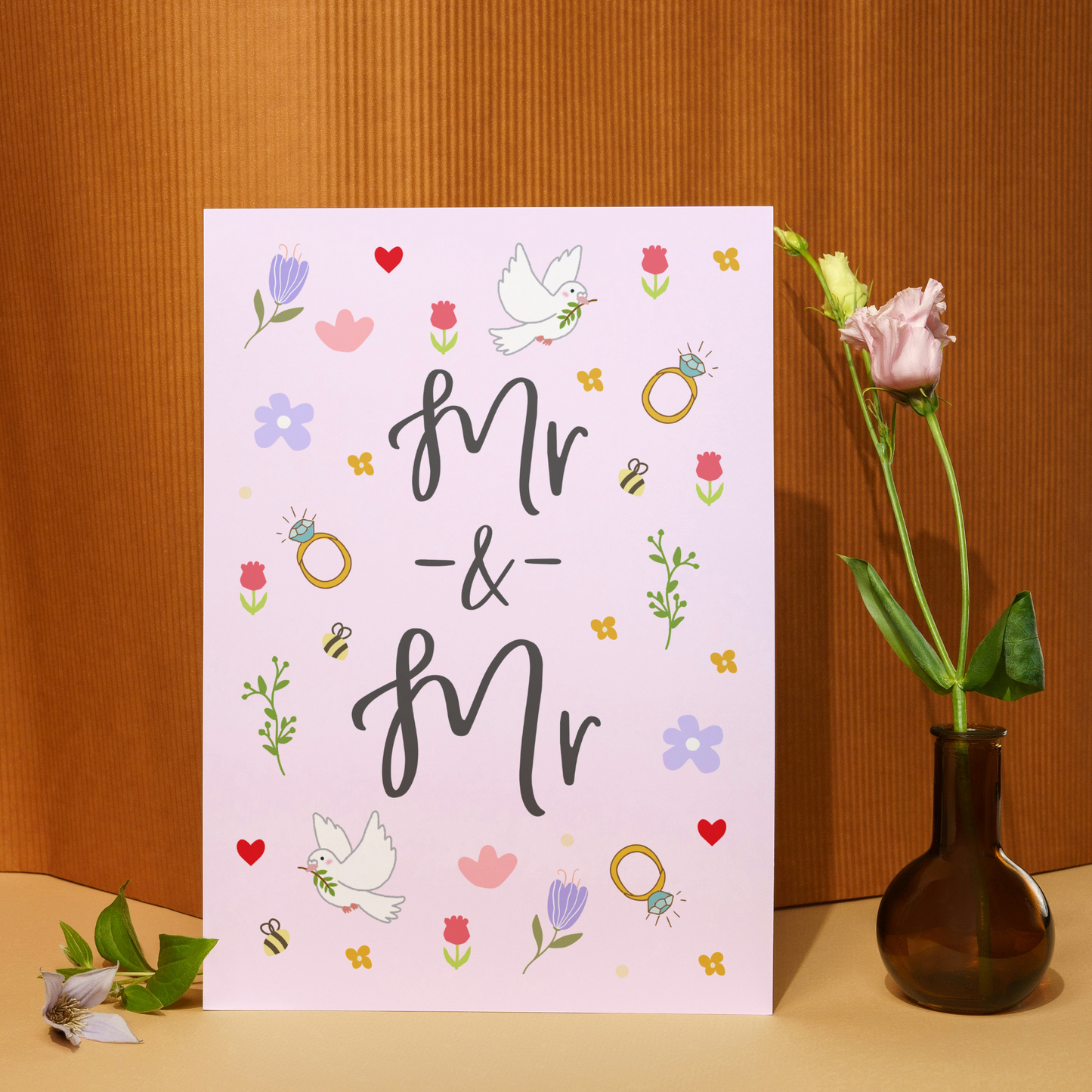 Mr and Mr Wedding Card | Ditsy Floral Calligraphy Card | LGBTQ+ Wedding Congratulations