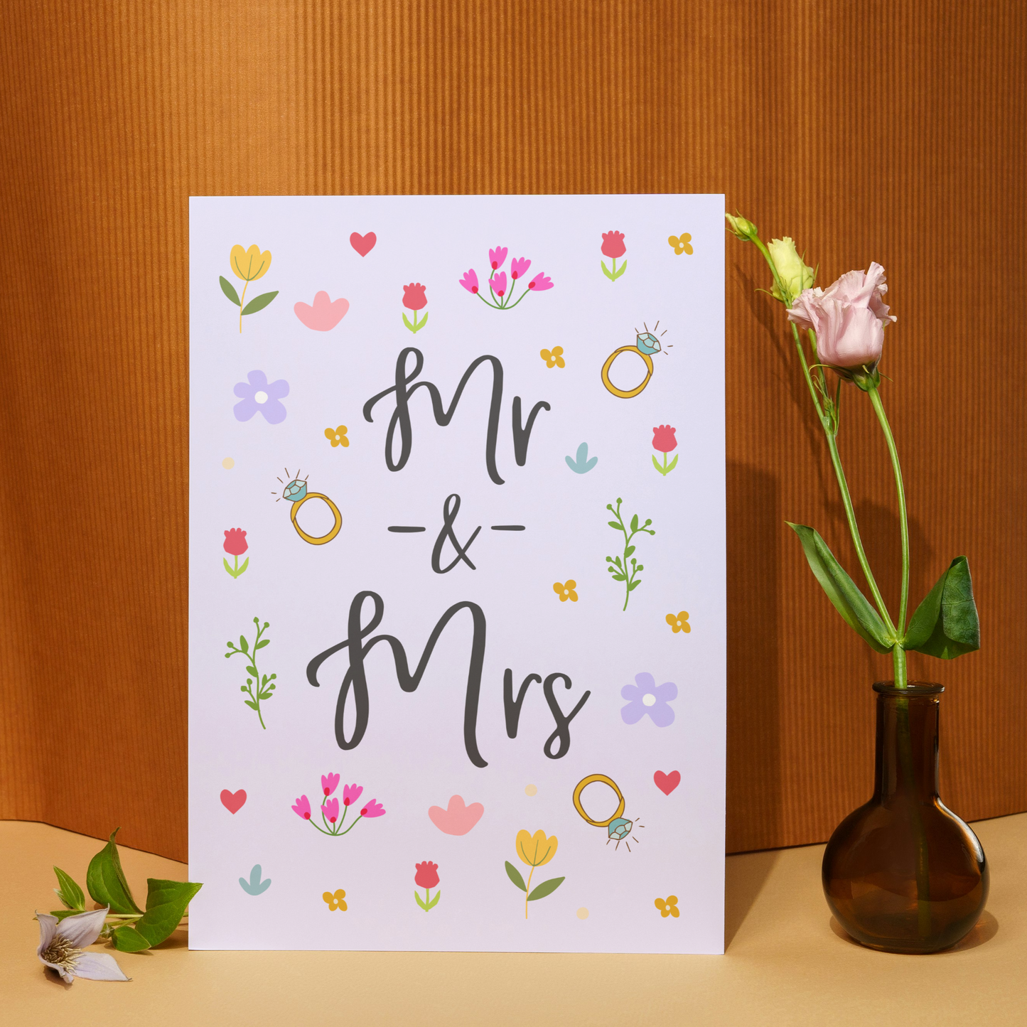 Mr and Mrs Ditsy Floral Wedding Card – Pretty Flowers & Elegant Calligraphy – Wedding Congratulations Card