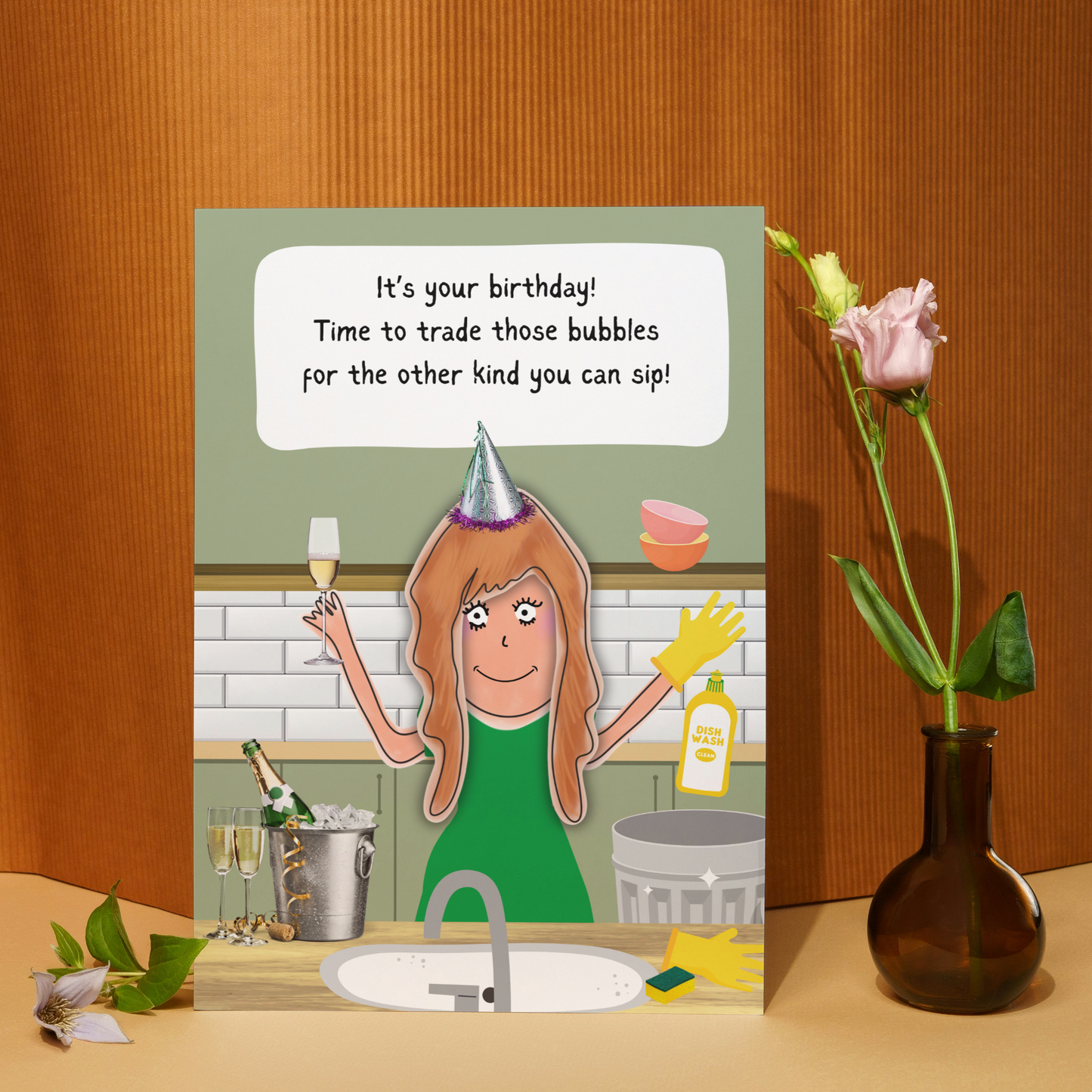 Funny Birthday Card – Swapping Washing Up Bubbles for Champagne Bubbles! – Humour Card for Her – For Friends – Birthday Girl Card – Humorous Birthday Card