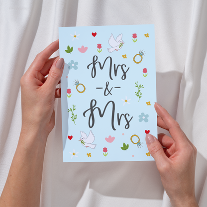 Mrs and Mrs Ditsy Floral Wedding Card - Pretty Flowers & Calligraphy - LGBTQ+ Wedding Card - Wedding Congratulations Card