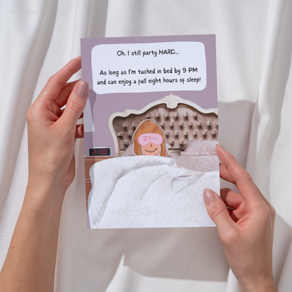 Funny Birthday Card — Party Hard 'Til 9PM — Humorous Banter Card for Him, Her, Friends — Witty Birthday Greeting — Humorous Party Card