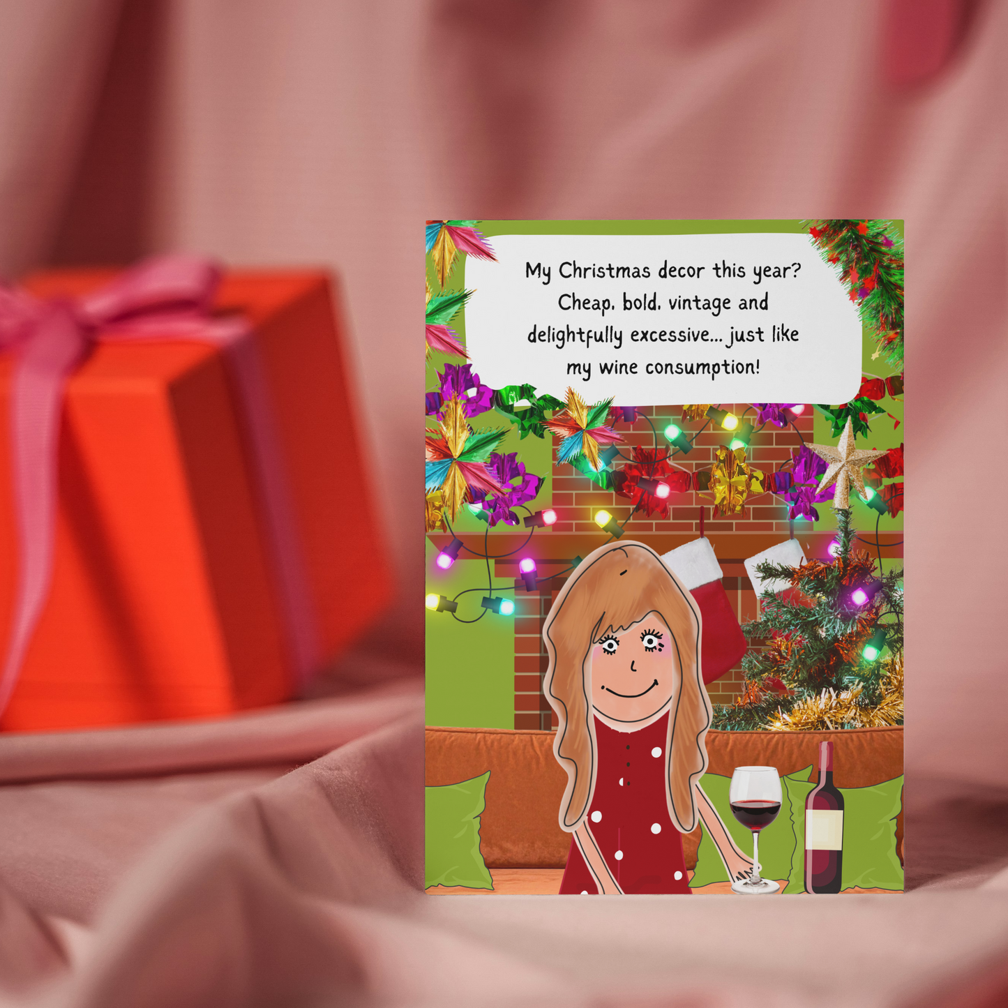 Funny Christmas Card - Nostalgic Retro Christmas Decorations - Bold Decor - Wine Joke