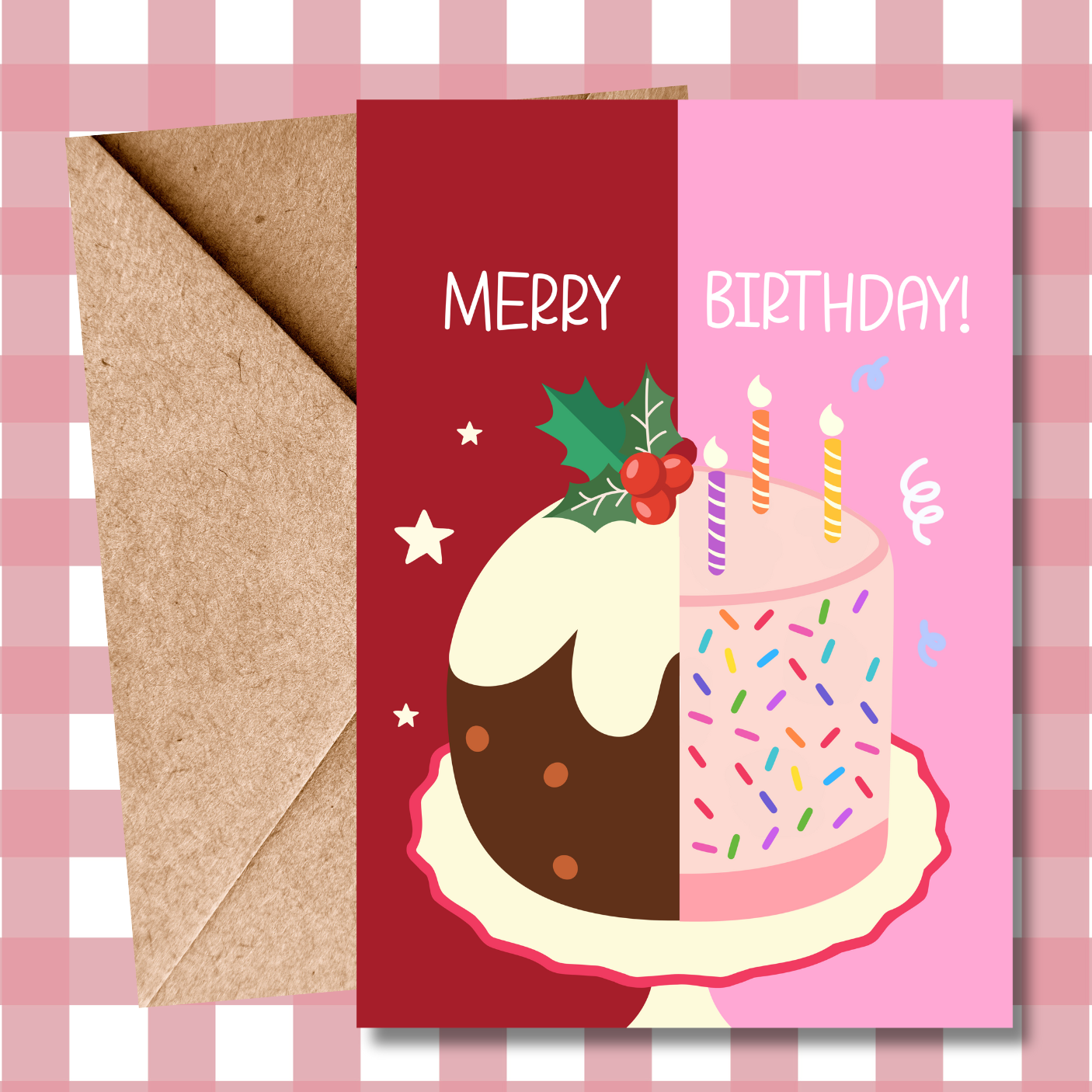Funny Christmas Birthday Card – December 25th Birthday Card – Birthday Cake & Christmas Cake Illustration – For Him or Her
