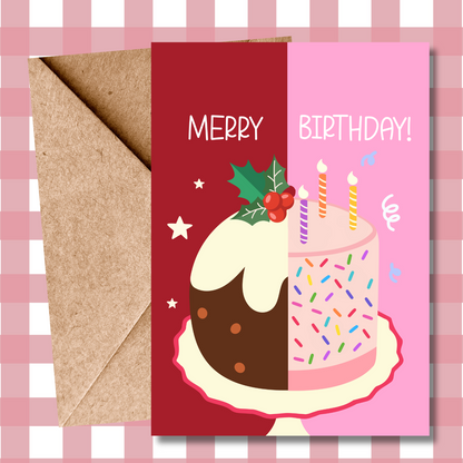 Funny Christmas Birthday Card – December 25th Birthday Card – Birthday Cake & Christmas Cake Illustration – For Him or Her