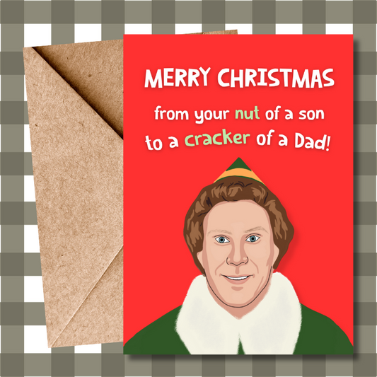 Funny Elf Christmas Card for Dad - "Nut of a Son" Quote