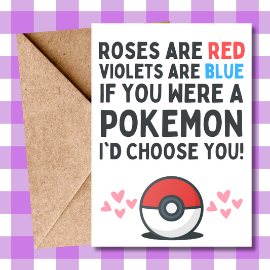 Pokemon, Valentine's Day Card, Roses are red, funny, Pikachu, Valentine's, for him, for her