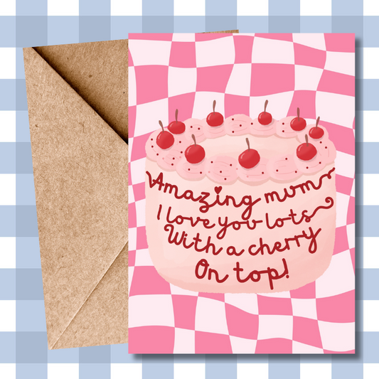 Pretty Contemporary Cherry Cake Mother's Day Card | love you lots | Unique Greeting Card for Mum | Feminine Birthday Card | Sweet Treat Card