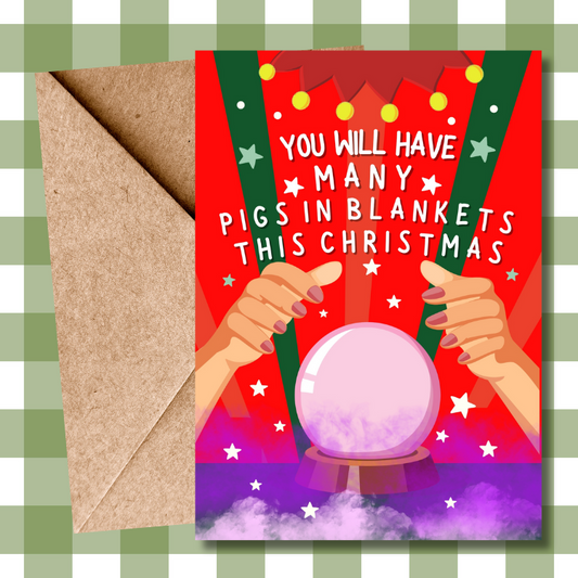 Funny Pigs in Blankets Cartoon illustrated Christmas Dinner Psychic Tarot Reading Christmas Card For him For her For them For best friend