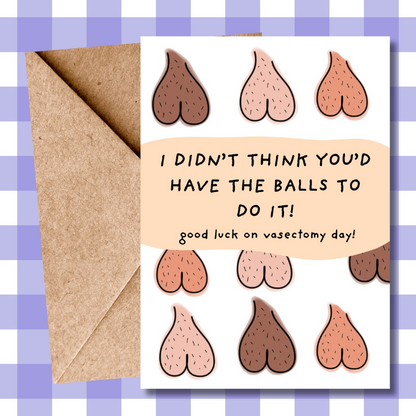funny vasectomy card for him, hairy balls, banter, get well soon card