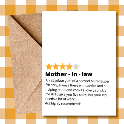 Humorous star rating Mother's Day card for mother in law, Perfect from daughter in law