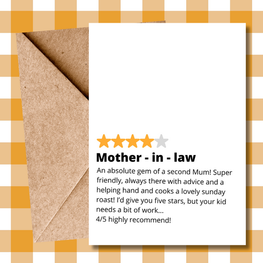 Humorous star rating Mother's Day card for mother in law, Perfect from daughter in law
