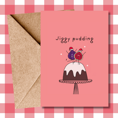 Funny Cartoon Christmas pudding pun inspired Christmas Card for him for her for friends for family for figgy pudding fans