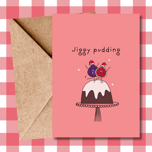Funny Cartoon Christmas pudding pun inspired Christmas Card for him for her for friends for family for figgy pudding fans