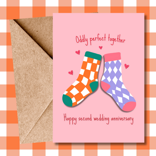 Cute Second Wedding Anniversary Card - Traditional Cotton Gift - Odd Sock Design for Wife or Husband - Heartwarming Greeting Card