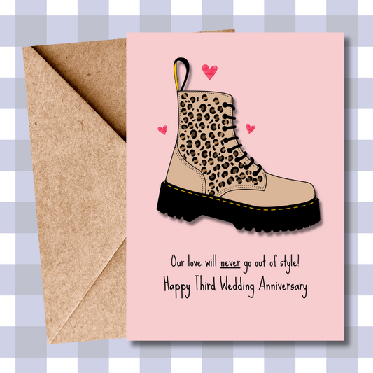 Unique Third Wedding Anniversary Card - Dr Martens Design | Leopard Print | Leather Anniversary |  Card for Husband or Wife