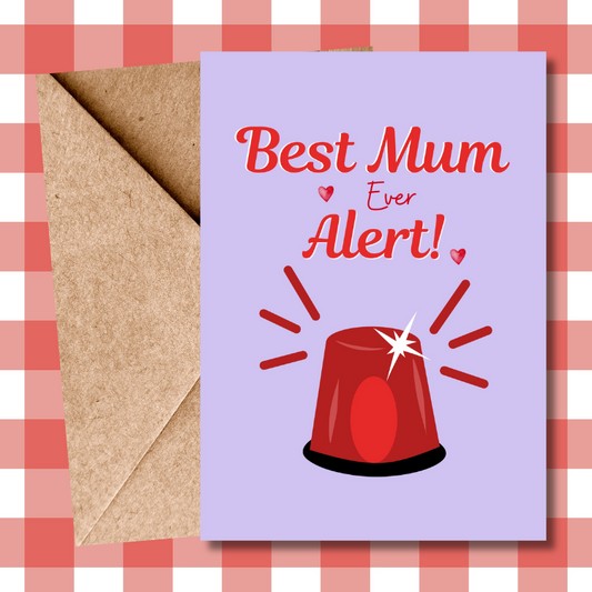 Greeting card with 'Best Mum Ever Alert!' text and a red jelly baby on a checkered background
