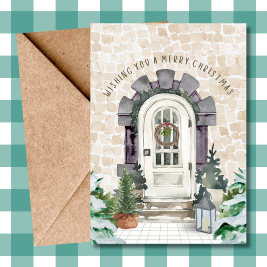 Charming Holiday Front Door Christmas Card, Festive Wreath Greeting Card, Merry Christmas & Happy New Year Card, Beautiful Seasonal Card