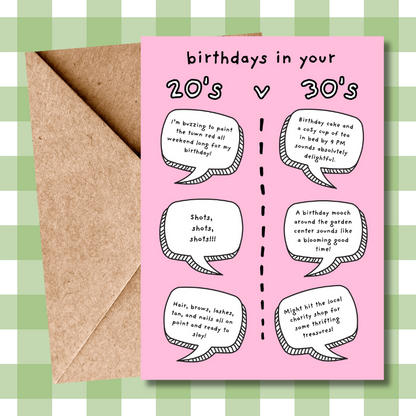 Hilarious 20's vs 30's Birthday Card – Funny Age Comparison speech bubble card