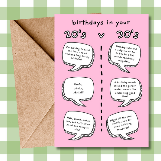 Hilarious 20's vs 30's Birthday Card – Funny Age Comparison speech bubble card