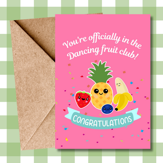 Viral Dancing Fruit Baby Congratulations Card | Perfect for Mum-to-Be | Adorable Pink Greeting Card for Him & Her | New Baby Wishes
