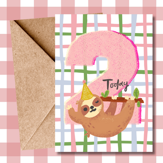 Cute Second Birthday Children's Card – Two Sloth Woodland Watercolour Design