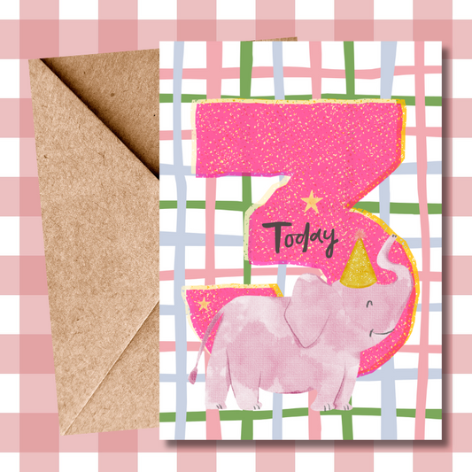 Cute Third Birthday Elephant Greeting Card | 3rd Birthday Card for Kids, Children’s Birthday Card, Cute Animal Birthday Card