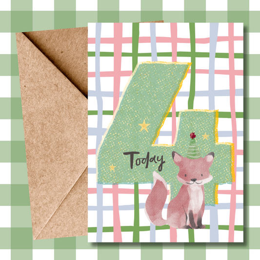 Cute Woodland Animal Fox 4th Birthday Greeting Card for Kids | Adorable Children's Birthday Card