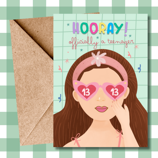 Hooray Officially a Teenager Girl Birthday Card | Cute Illustration with Glasses | Cute Teen Birthday Card for Girls