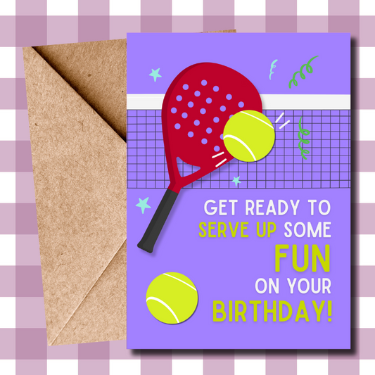 Birthday card with paddle and tennis ball design on a purple background, featuring a brown envelope.