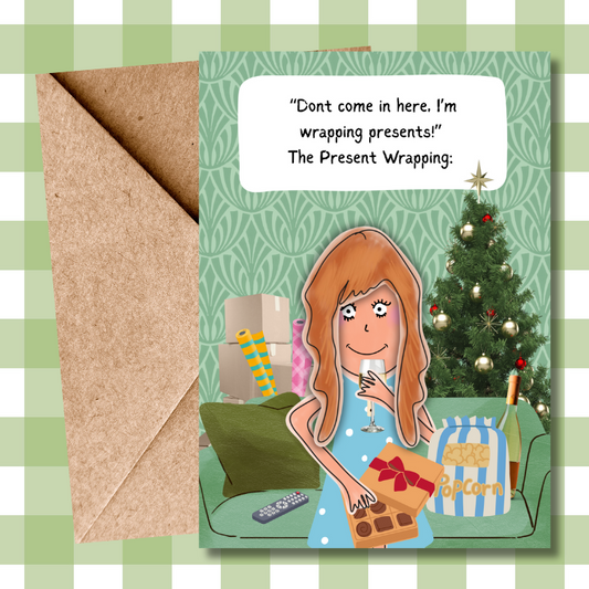 Hilarious Comedy Sketch Christmas Greeting Card Present Wrapping, Wine and Chocolates Funny Christmas Card for Friends & Family
