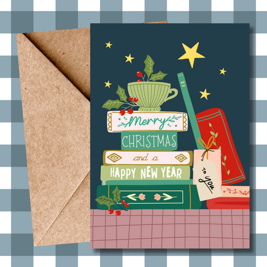 Happy Christmas To You Card | Nostalgic Cute Stacked Books Christmas Card for Her & Him | Christmas Greeting Card