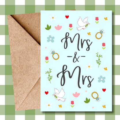 Mrs and Mrs Ditsy Floral Wedding Card - Pretty Flowers & Calligraphy - LGBTQ+ Wedding Card - Wedding Congratulations Card