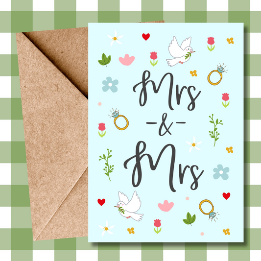 Mrs and Mrs Ditsy Floral Wedding Card - Pretty Flowers & Calligraphy - LGBTQ+ Wedding Card - Wedding Congratulations Card