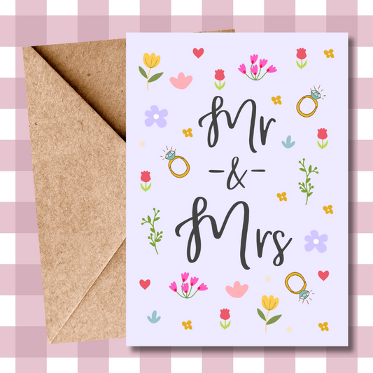 Mr and Mrs Ditsy Floral Wedding Card – Pretty Flowers & Elegant Calligraphy – Wedding Congratulations Card