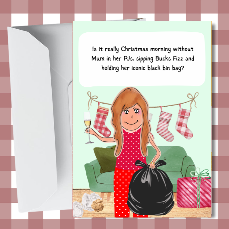 Funny Christmas Card – Mum Christmas Morning bin bag duties - Xmas Gift for Mum A6