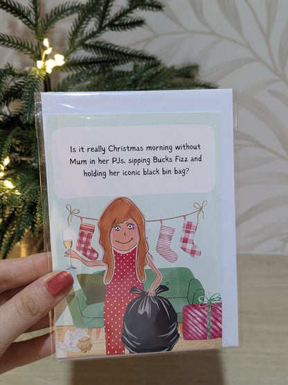Funny Christmas Card – Mum Christmas Morning bin bag duties - Xmas Gift for Mum A6