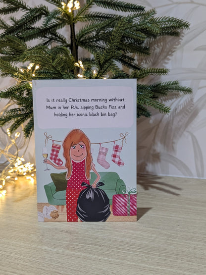 Funny Christmas Card – Mum Christmas Morning bin bag duties - Xmas Gift for Mum A6
